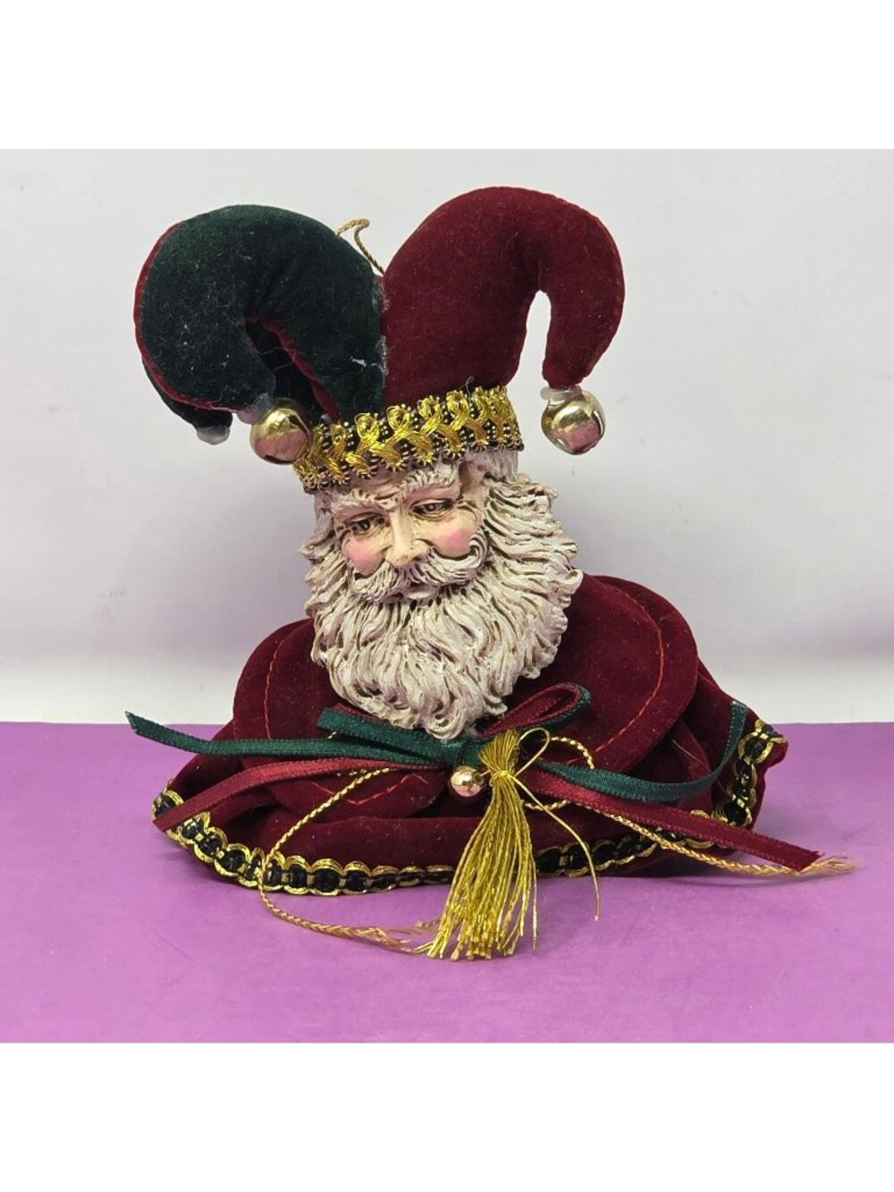 Santa Claus Jester Figurine With Red Velvet & Gold Accents Holiday Ornament